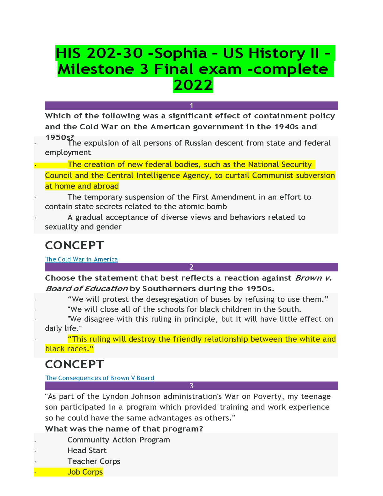 Preview of HIS 202-30 -Sophia – US History II – Milestone 3 Final exam -complete 2022